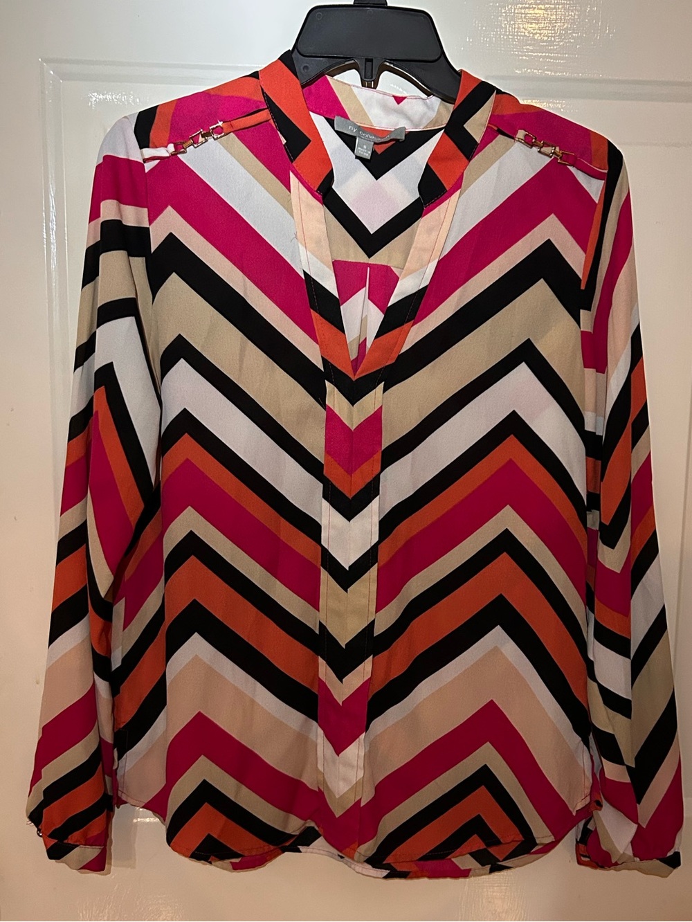 Womens Chevron V-Neck Blouse in Fuchsia and Orange